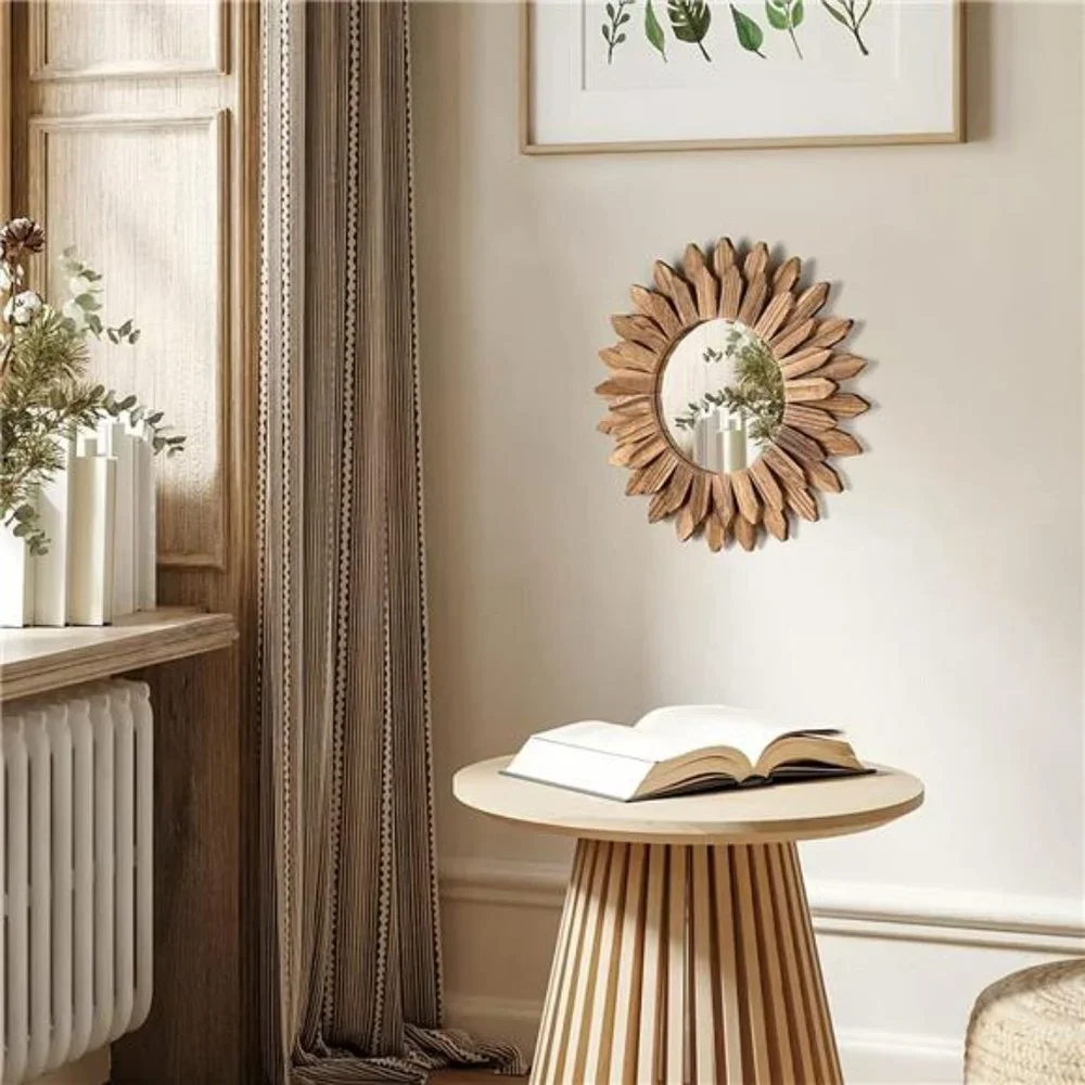 Wall Mirror Decorative 12 inch Rustic Wood Mirror Sunburst Boho Mirror